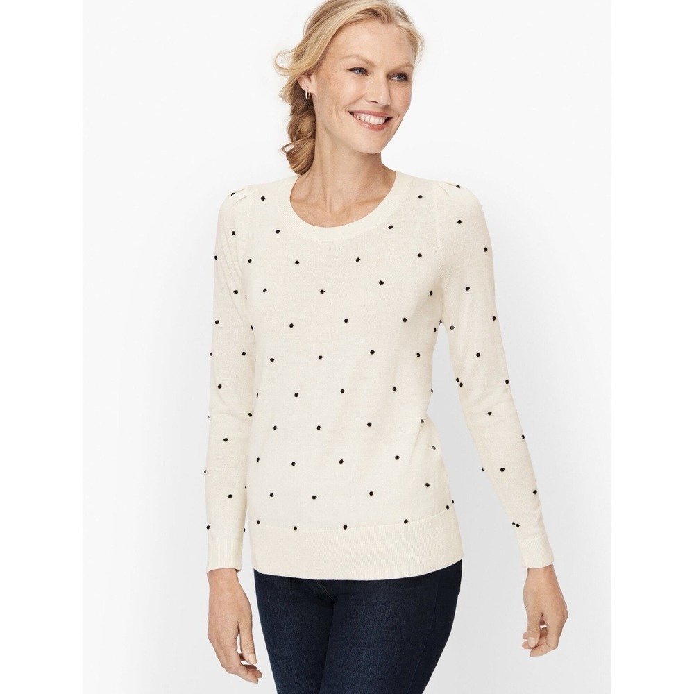 Talbots Petite Pima Cotton Polka‎ Dot Sweater Ivory Black LP